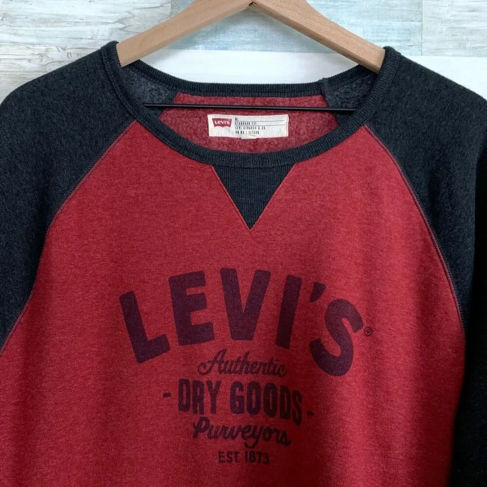 Levis Logo Crew Raglan Sweatshirt Red Gray Standard Fit Casual Lounge Mens XL